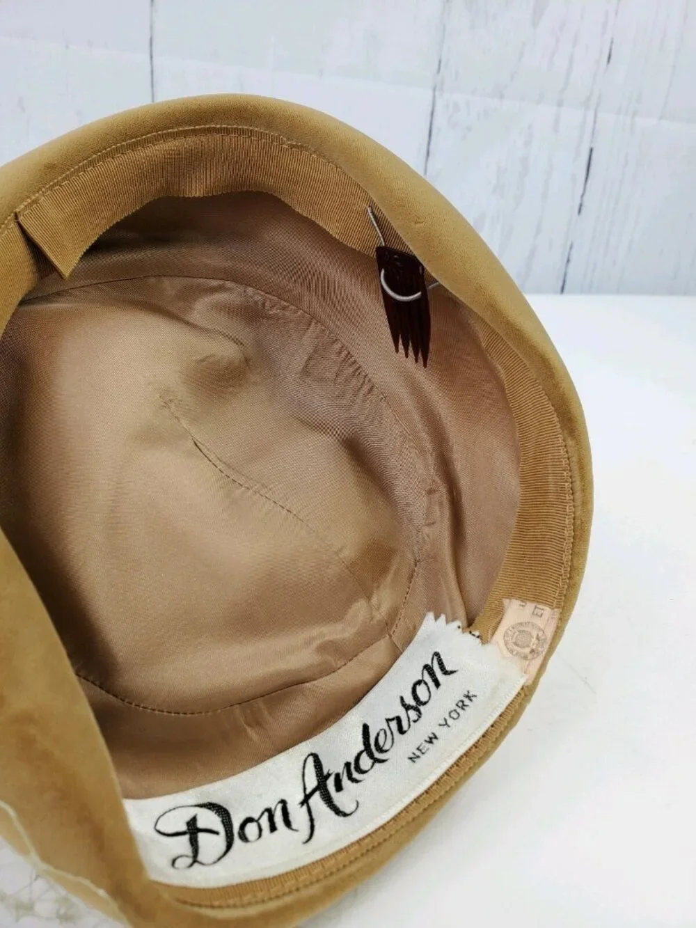 1960s Taupe Velvet Don Anderson Pillbox Hat w/ Floral Decor on Top & Netting